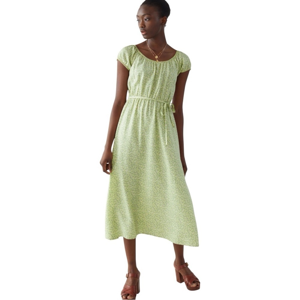 & Other‎ Stories Scoop Neck Puff Sleeve Midi Dress Green Floral Spring Size 12